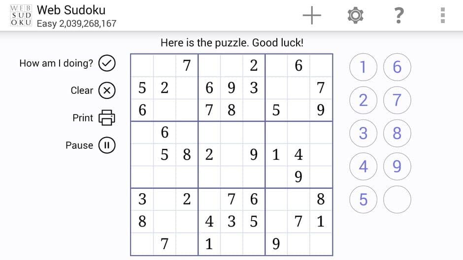 Web Sudoku screenshot