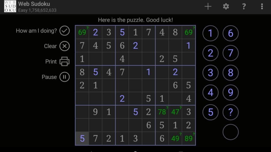 Web Sudoku screenshot