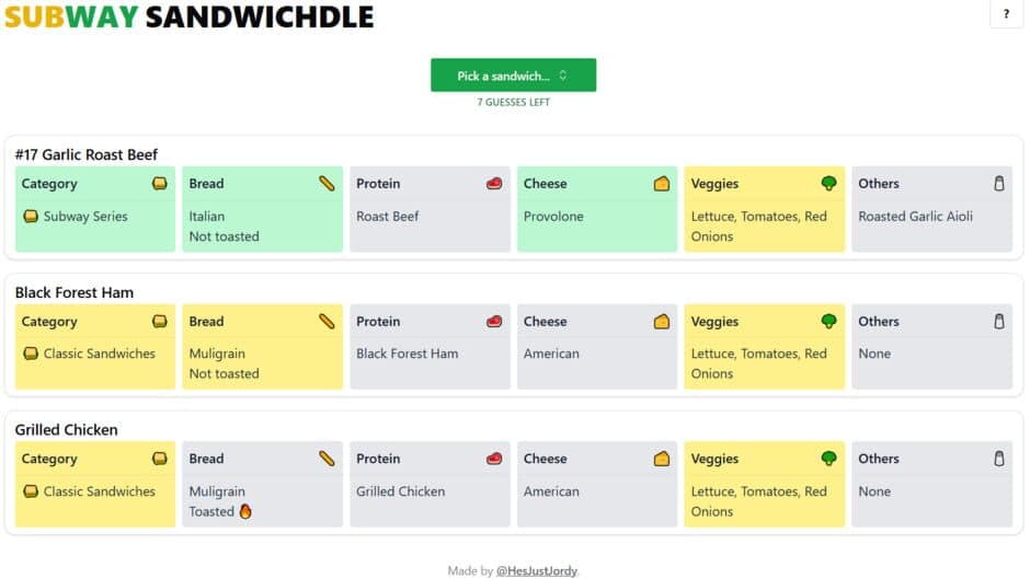 Subway Sandwichdle screenshot